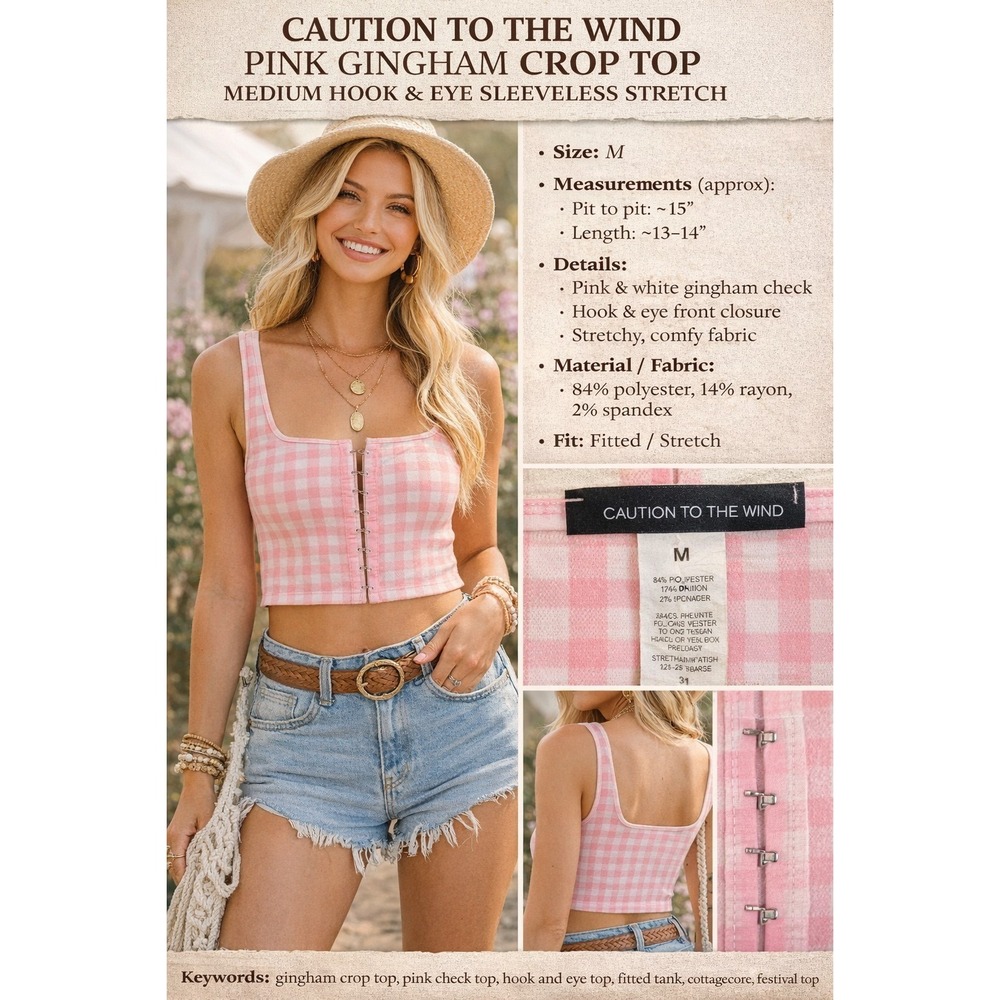 Caution to the Wind Pink Gingham Crop Top Medium Hook &‎ Eye Sleeveless Stretch